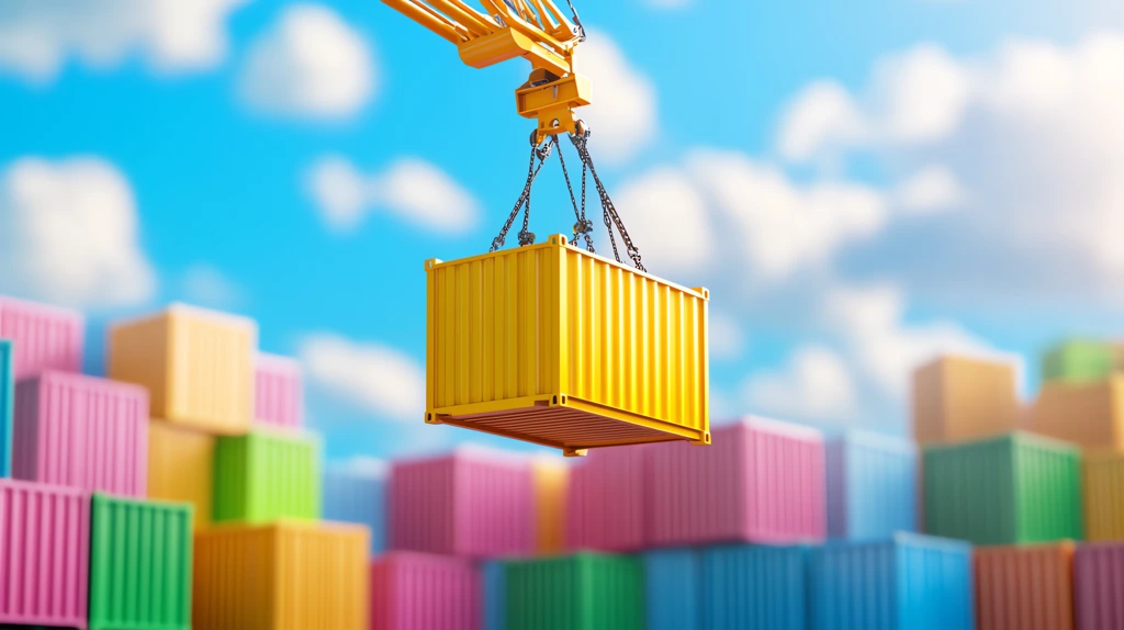 crane lifting an open yellow container from the ground surrounded by stacked colorful containers desktop wallpaper 4k