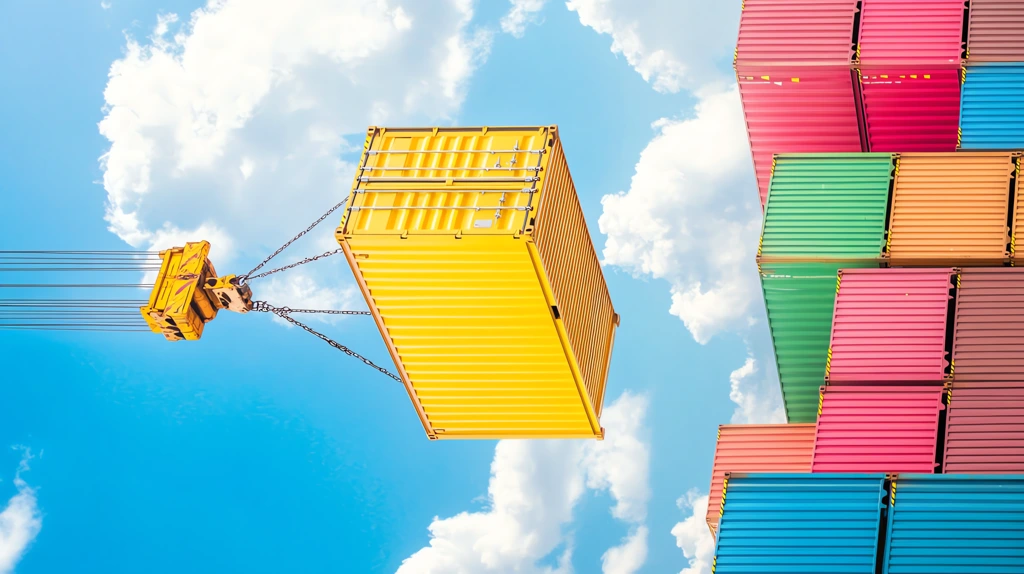 crane lifting an open yellow container from the ground surrounded by stacked colorful phone wallpaper 4k