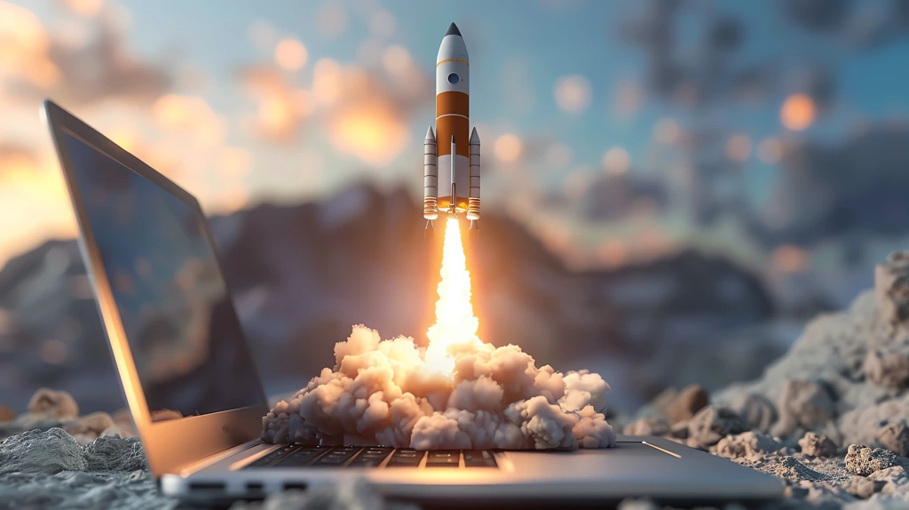 creative workspace with rocket launch desktop wallpaper 4k