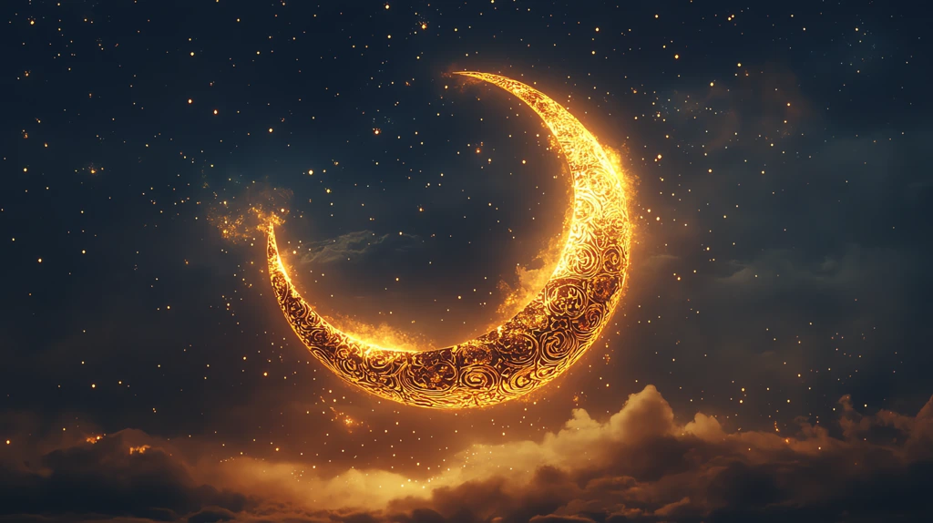 crescent moon with golden patterns glittering stars dark sky desktop wallpaper 4k