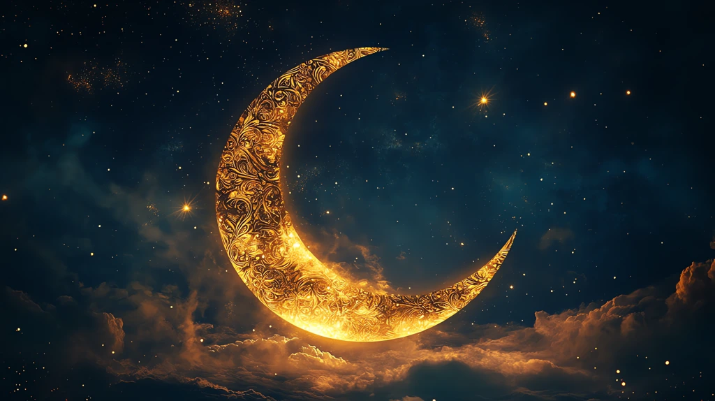 crescent moon with golden patterns glittering stars dark sky ramadan concept art desktop wallpaper 4k