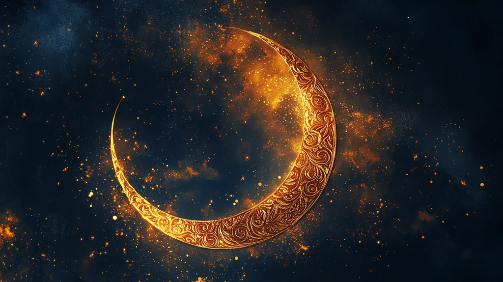 crescent moon with golden patterns glittering stars phone wallpaper 4k