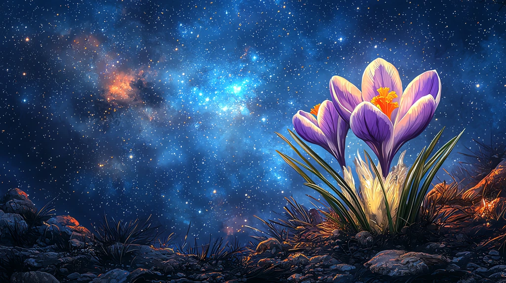 crocusagainst a starry sky fantasy art with bright colors desktop wallpaper 4k