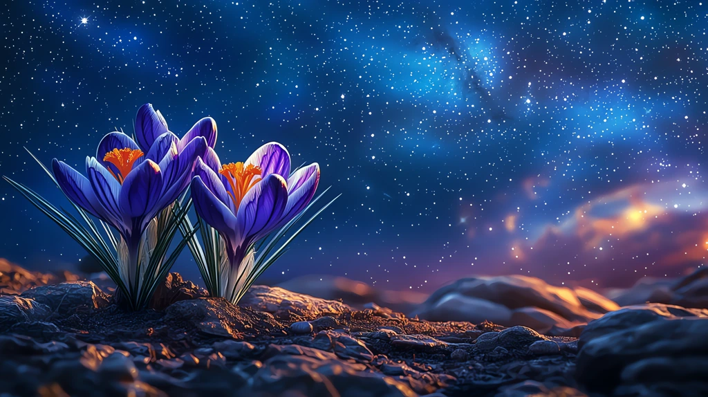 crocusagainst a starry sky in the style of fantasy art with bright colors desktop wallpaper 4k