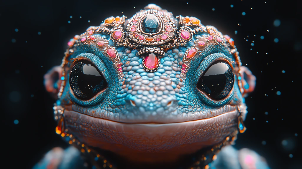 cute baby alien lizard with large eyes wearing ornate colorful jewelry and sparkling gemstones desktop wallpaper 4k