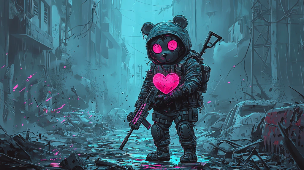 cute bear in the form of call of duty holding a heart stands against the war desktop wallpaper 4k