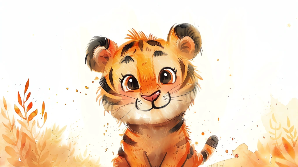 cute cartoon tiger simple lines watercolor style desktop wallpaper 4k