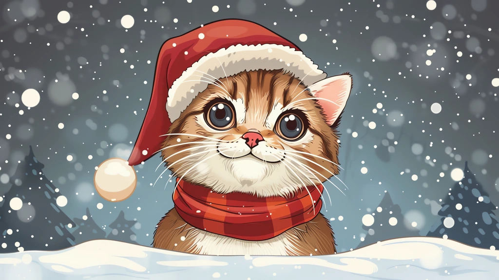 cute cat wearing chrismas hat cartoon style desktop wallpaper 4k