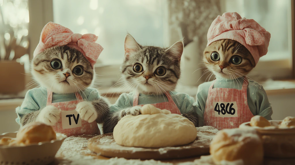 cute cats in aprons kneading dough still from a commercial advertisement desktop wallpaper 4k