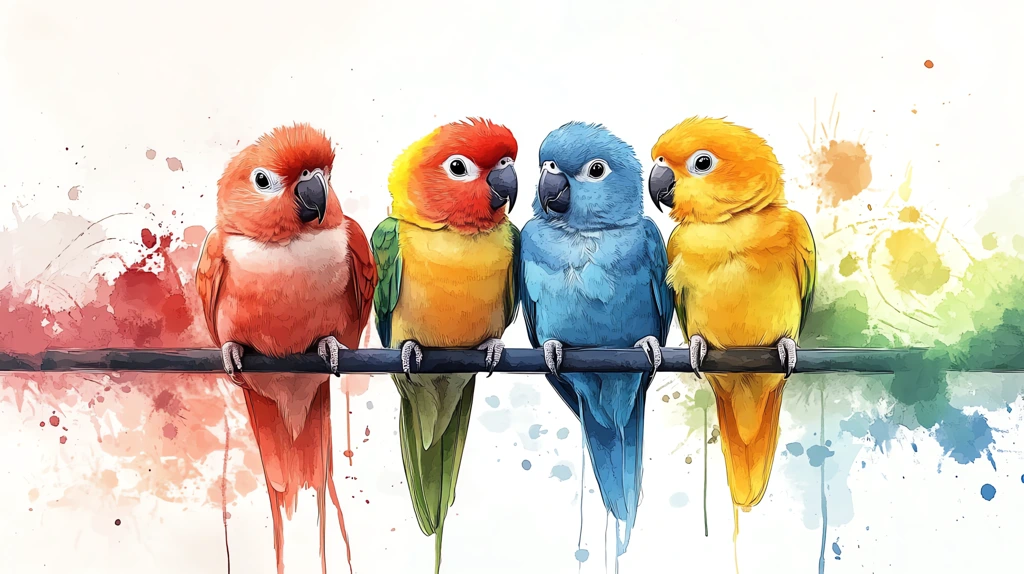 cute fluffy fat loving parrots with big eyes standing on a line desktop wallpaper 4k