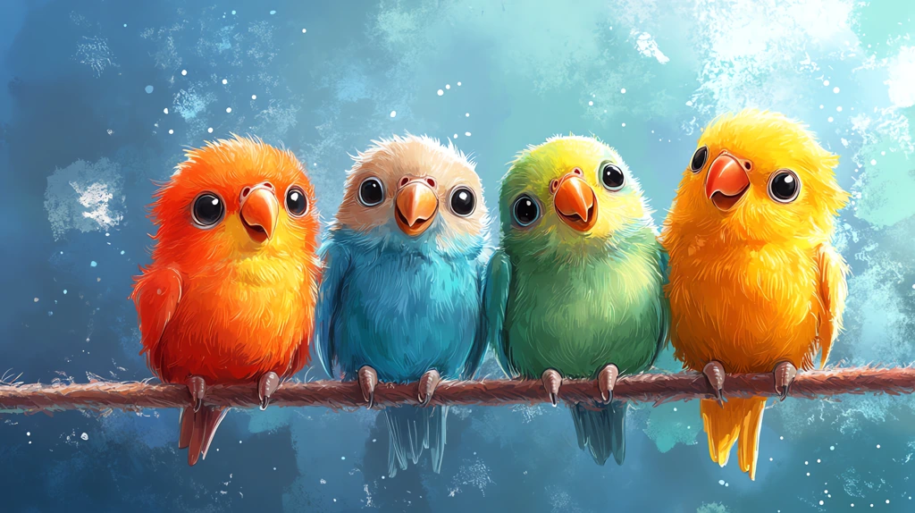 cute fluffy fat loving parrots with big eyes standing on a line happy desktop wallpaper 4k