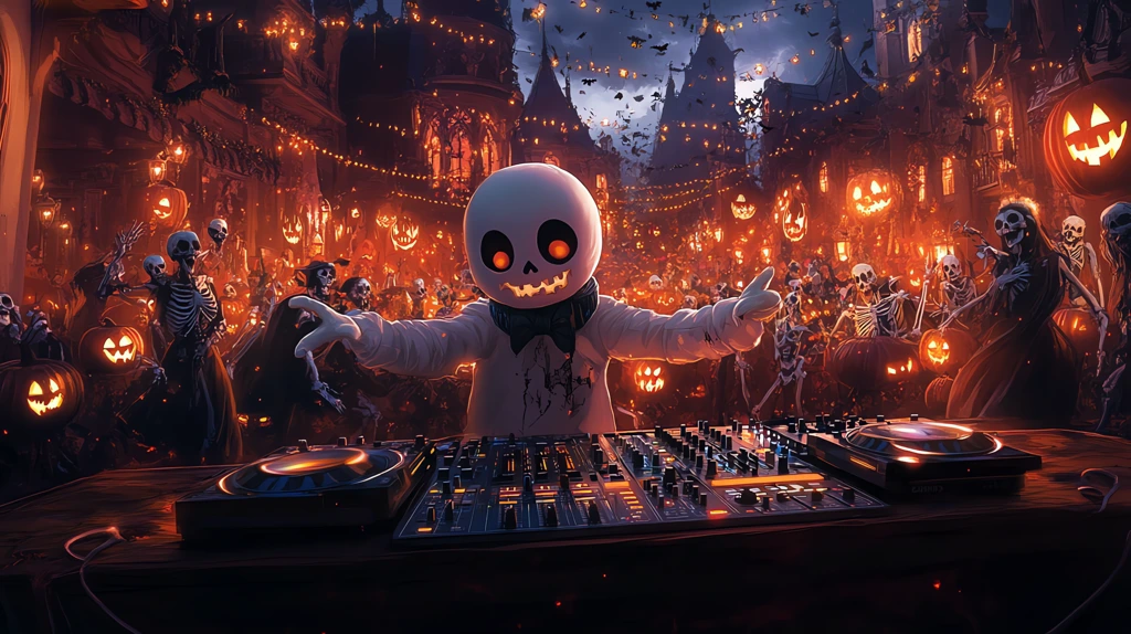 cute ghost dj mixing music at a halloween party with dancing skeletons desktop wallpaper 4k