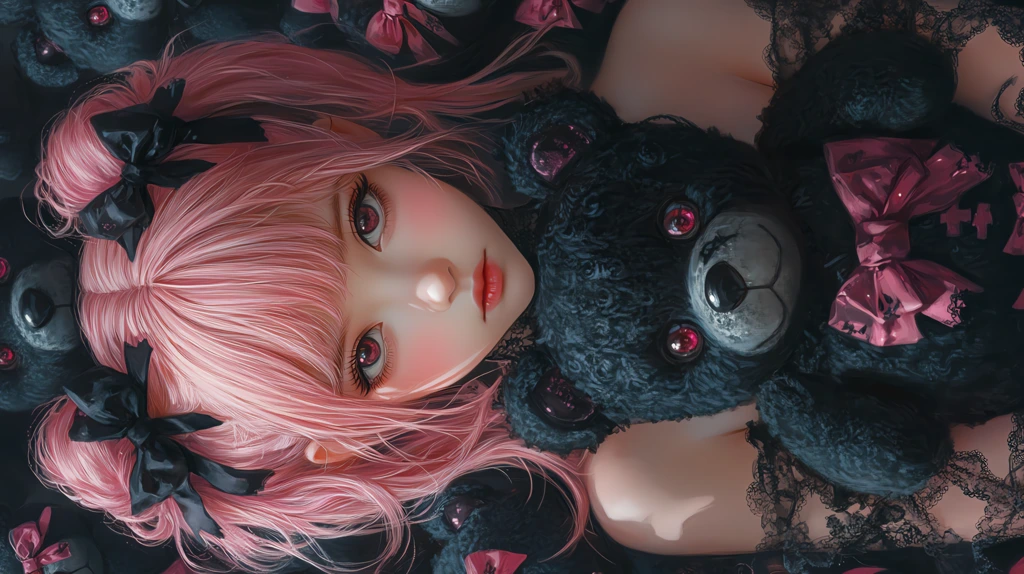 cute girl with pink hair and black bows phone wallpaper 4k