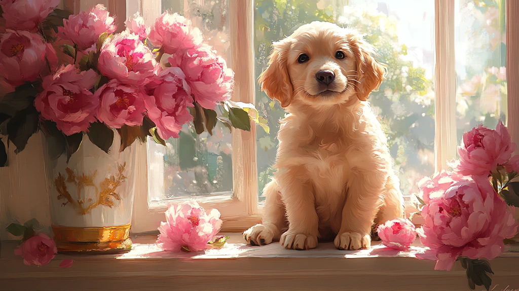 cute golden retriever puppy sitting by the window surrounded by pink desktop wallpaper 4k