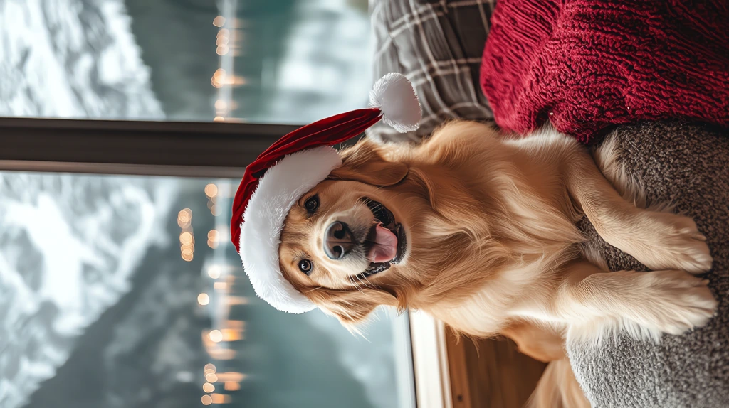 cute golden tones dog weaing a santa hat version four phone wallpaper 4k