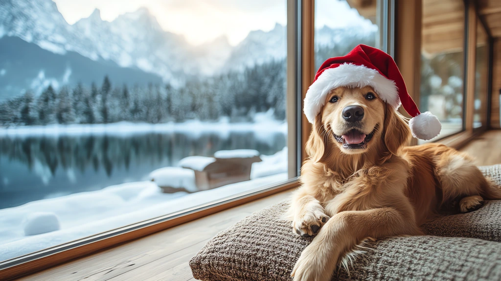 cute golden tones dog weaing a santa hat version one desktop wallpaper 4k