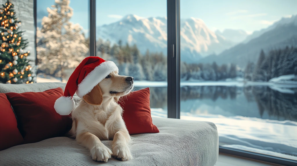 cute golden tones dog weaing a santa hat version two desktop wallpaper 4k