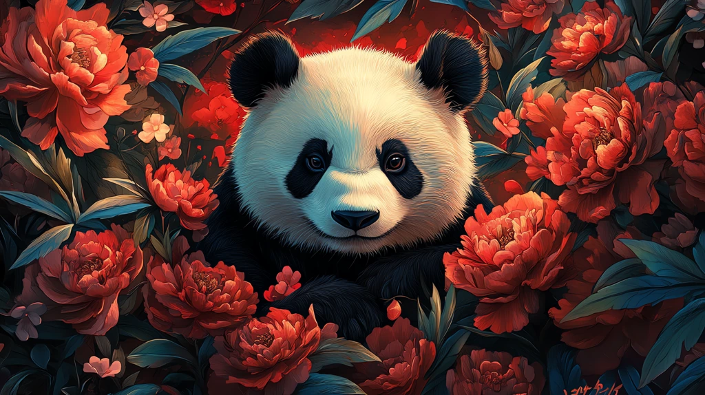 cute illustration panda surrounded by flowers in isolated color desktop wallpaper 4k