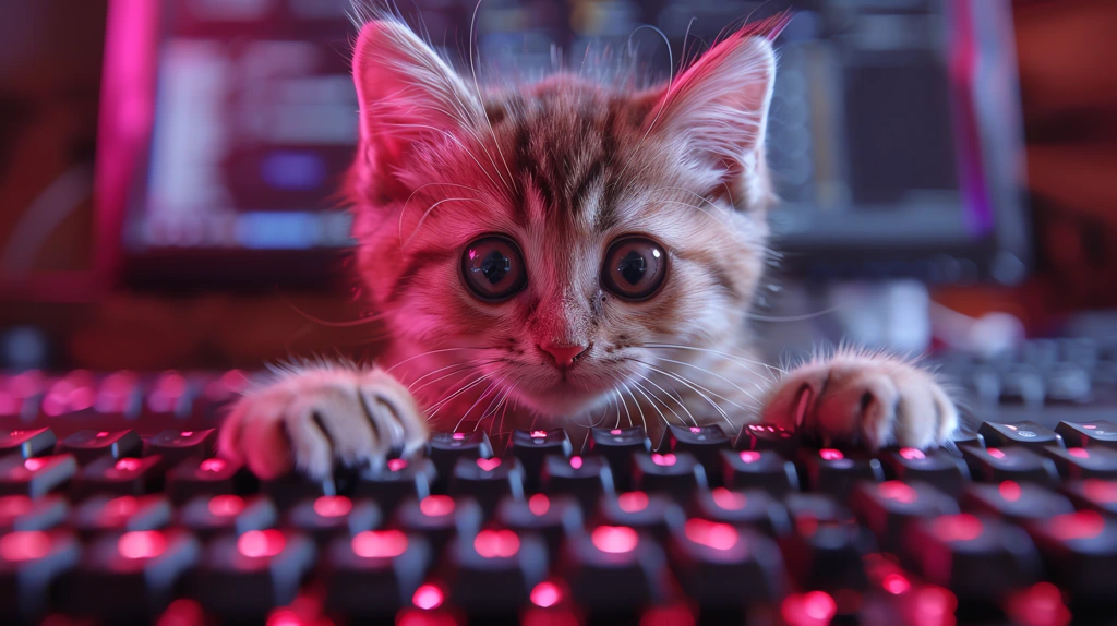 cute kitty gamer wearing headphones sitting at the computer playing a game desktop wallpaper 4k