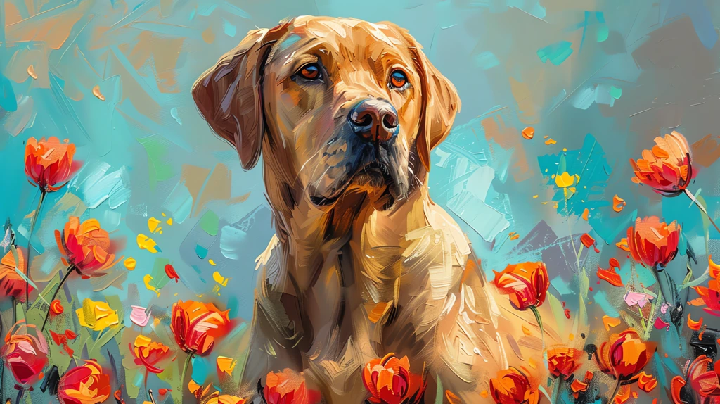 cute labrador retriever standing in the flower field abstract painting desktop wallpaper 4k