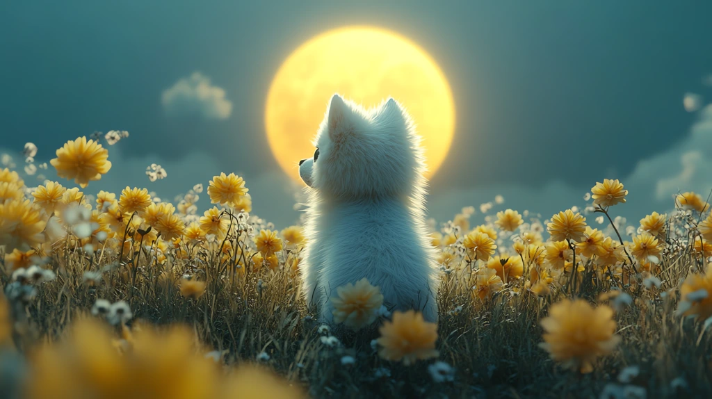 cute little white pomeranian dog running to big yellow moon on the top of mountain desktop wallpaper 4k