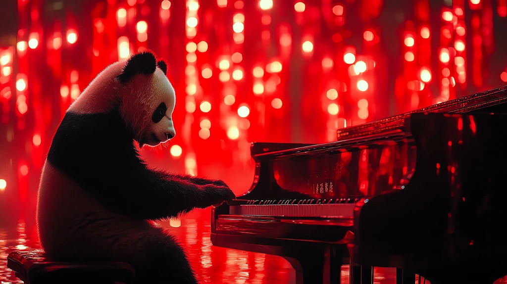 cute panda playing piano many huge pure red flags desktop wallpaper 4k