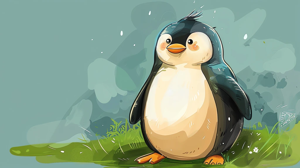 cute penguin illustration for a picture book full body with a green desktop wallpaper 4k