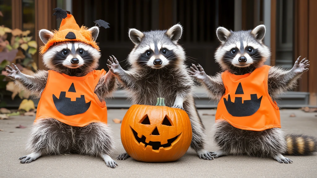 cute raccoons dressed in halloween costumes going trick or treating desktop wallpaper 4k