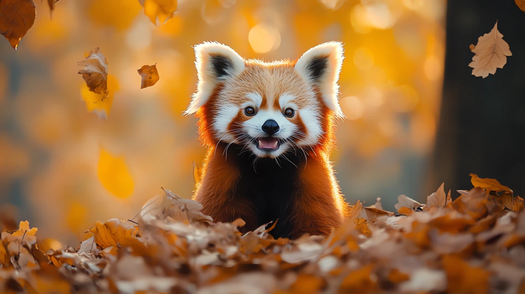 cute red panda smiling in the autumn leaves sunlight desktop wallpaper 4k