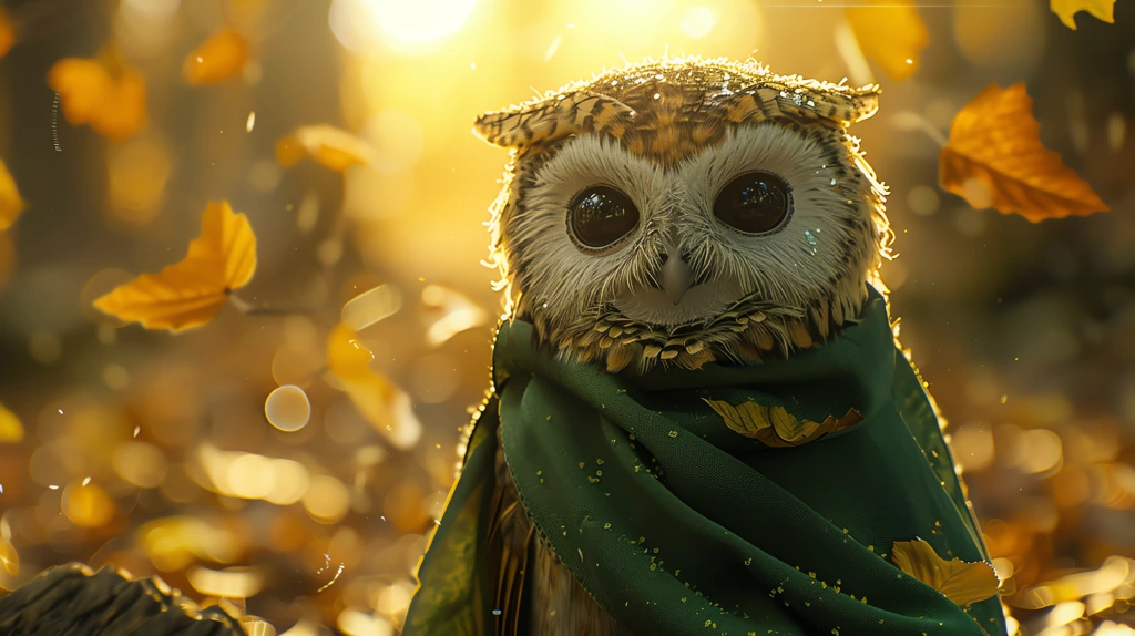cute small cartoon owl wearing green cloak in a battle pose cinematic megapixel desktop wallpaper 4k