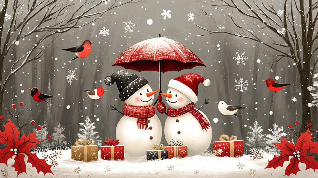 cute snowmen hugging under an umbrella one wearing a red scarf and hat desktop wallpaper 4k