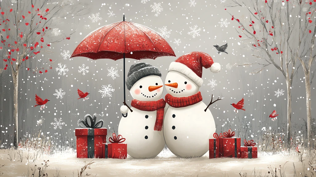 cute snowmen hugging under an umbrella red scarf and hat desktop wallpaper 4k