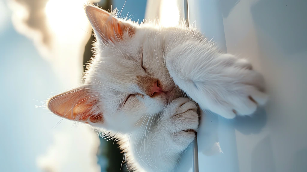 cute white cat sleeping on the roof phone wallpaper 4k