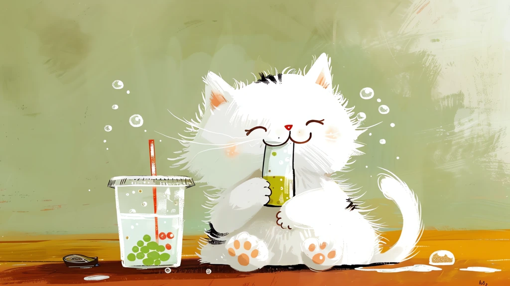 cute white kitten drinking bubble tea desktop wallpaper 4k