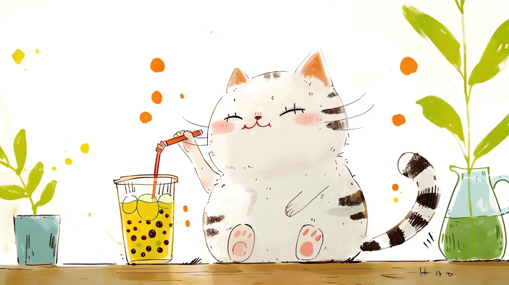 cute white kitten happy drinking bubble tea desktop wallpaper 4k