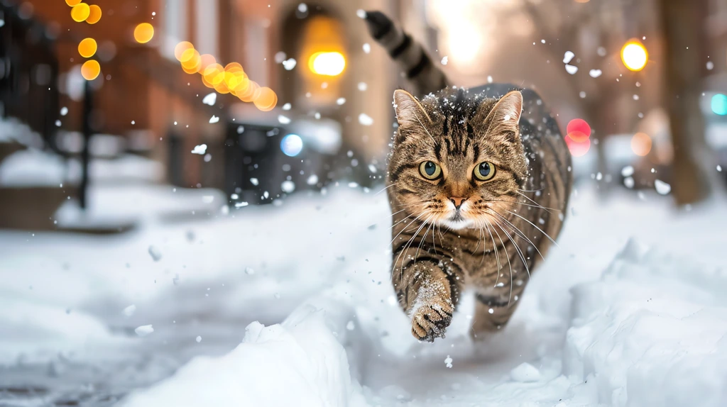 dan flavin cat running through fresh snow fantasy cozy atmosphere desktop wallpaper 4k