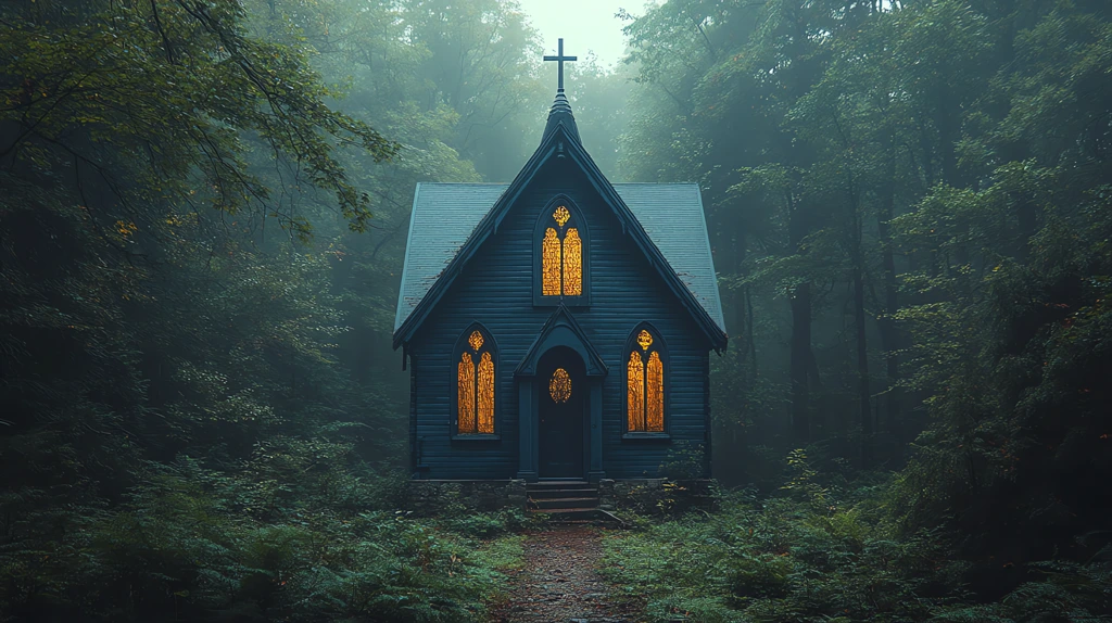 dark blue chapel in the middle of a dense forest desktop wallpaper 4k