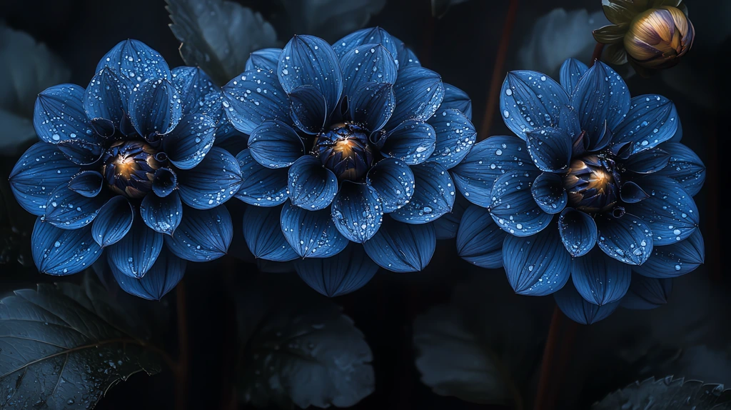 dark blue dahlia flowers with dew hyper desktop wallpaper 4k