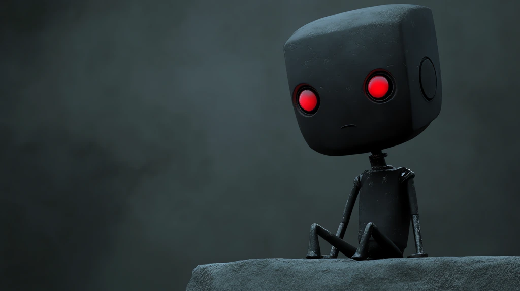 dark fantasy art of little robot sitting on the stone desktop wallpaper 4k