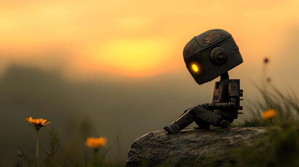 dark fantasy little robot sitting on the stone desktop wallpaper 4k