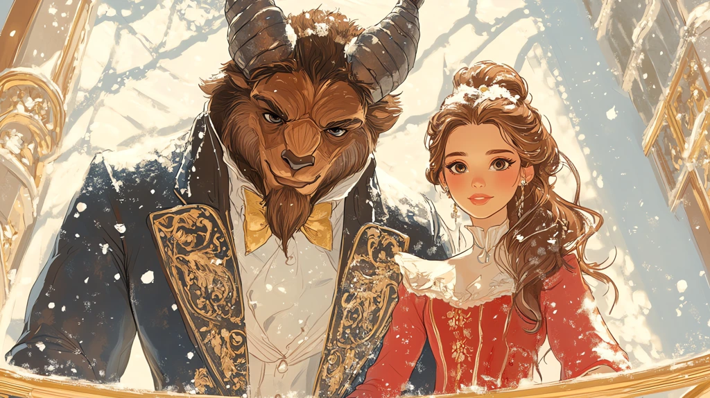 dark-haired belle and the beast standing desktop wallpaper 4k