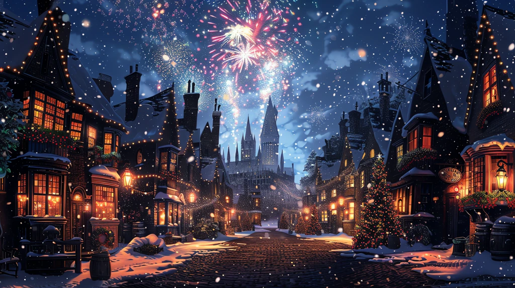 diagon alley in snow colorful fireworks desktop wallpaper 4k