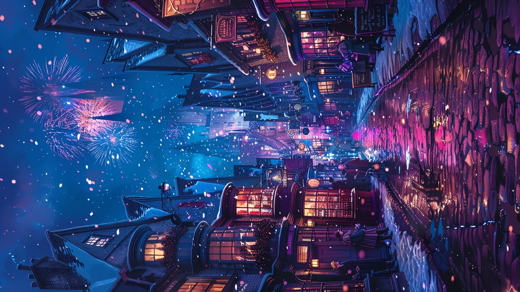 diagon alley in snow colorful fireworks in sky phone wallpaper 4k