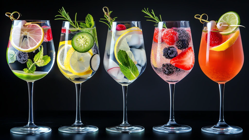 different gin and tonics in glasses with fruits flowers and ginseng on the bar counter desktop wallpaper 4k