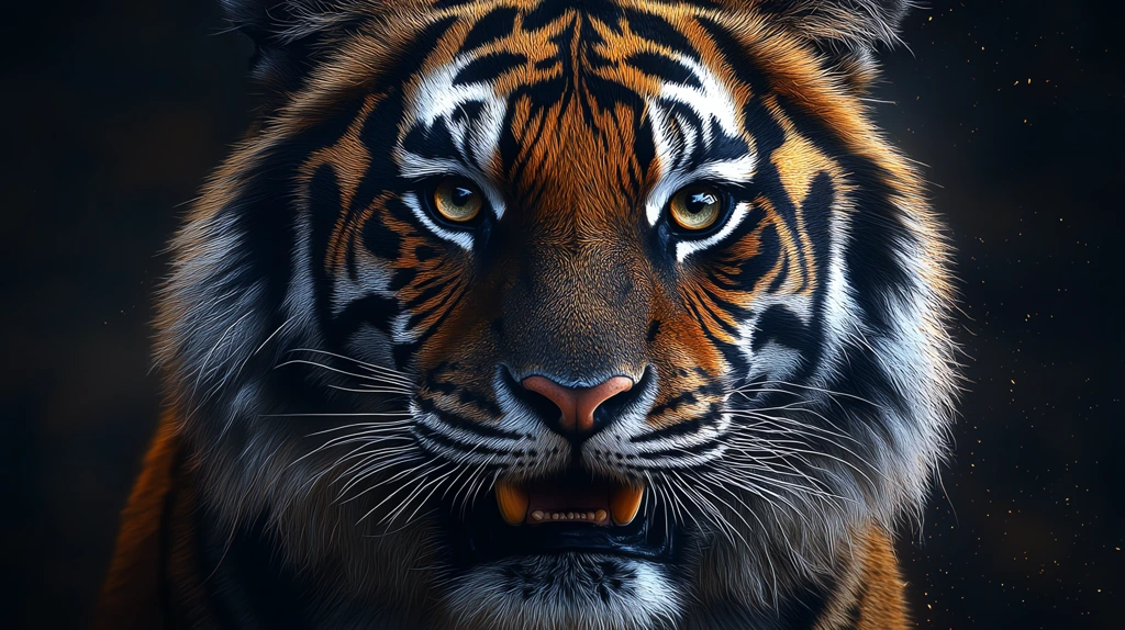 digital art portrait of a tiger with natural bright eyes and its mouth slightly open showing its sharp teeth desktop wallpaper 4k