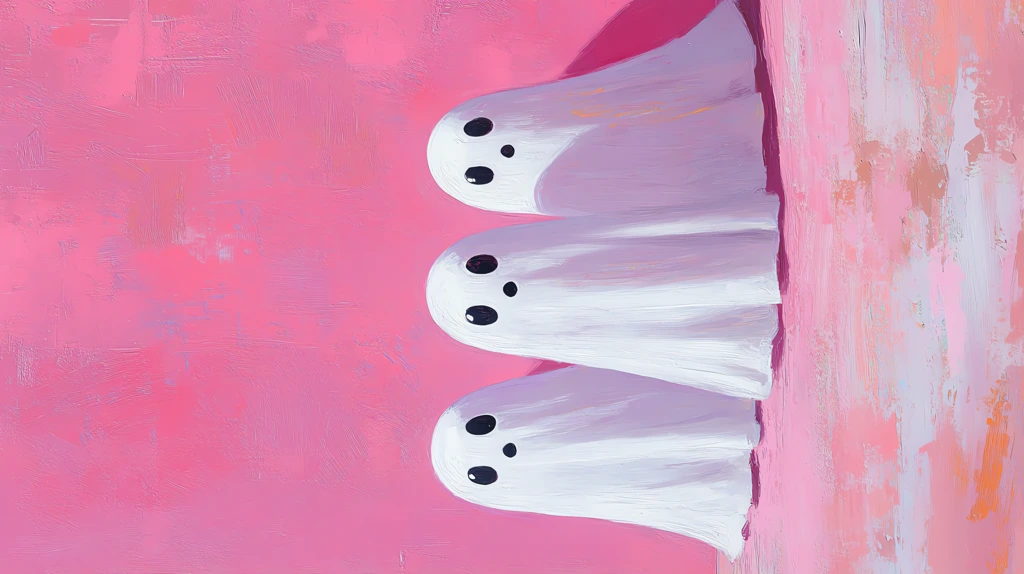 digital painting of 3 pastel white ghosts against a pastel pink phone wallpaper 4k