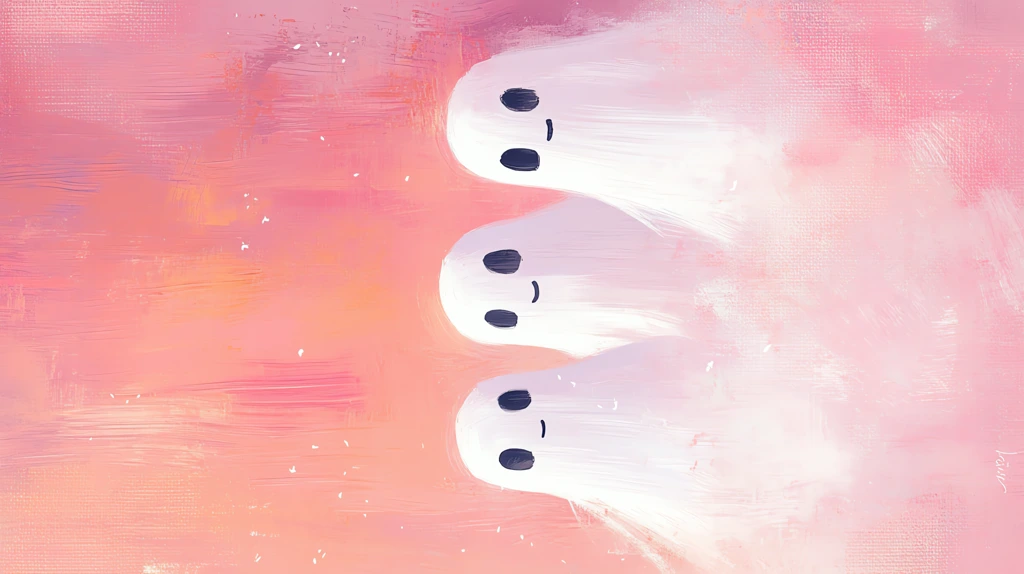 digital painting of 3 pastel white ghosts against a pastel pink the painting has a cute phone wallpaper 4k