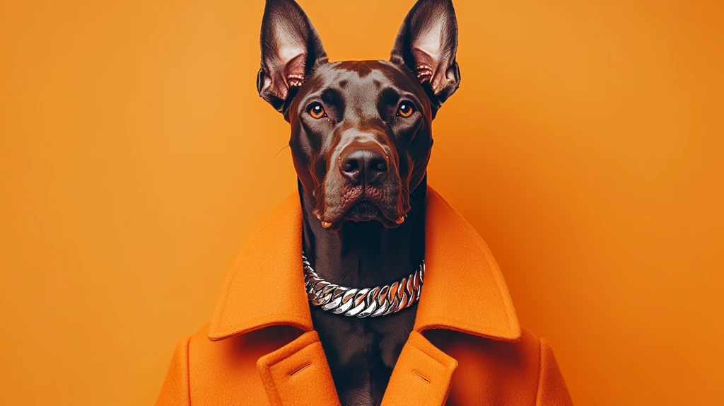 doberman in prada haute designer fashion wearing a beautiful oversized orange coat and silver necklace desktop wallpaper 4k