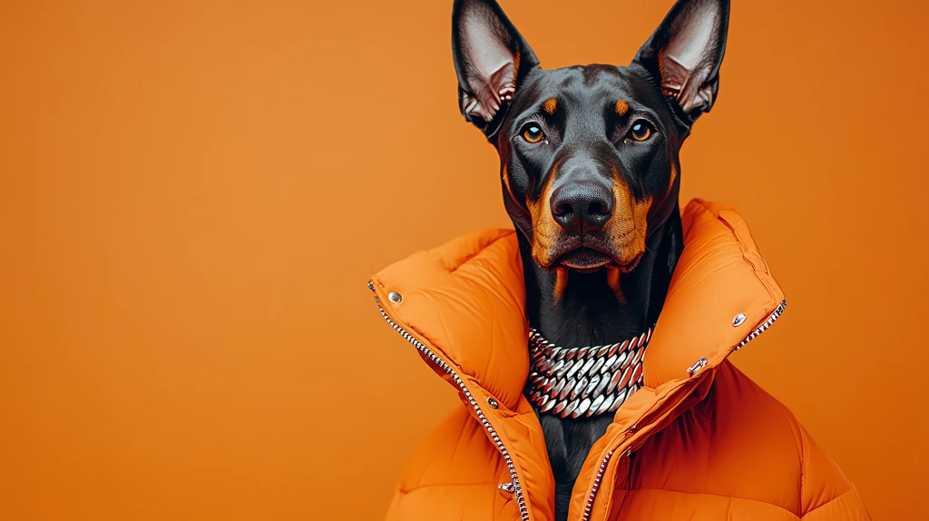 doberman in prada haute designer fashion wearing a beautiful oversized orange coat desktop wallpaper 4k