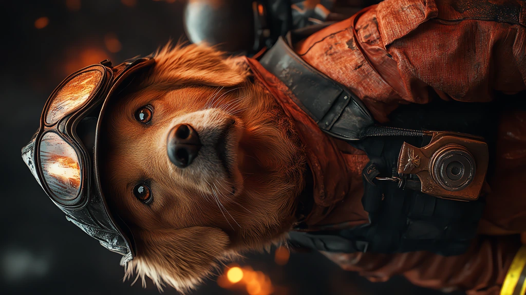 dog dressed as a firefighter in action phone wallpaper 4k